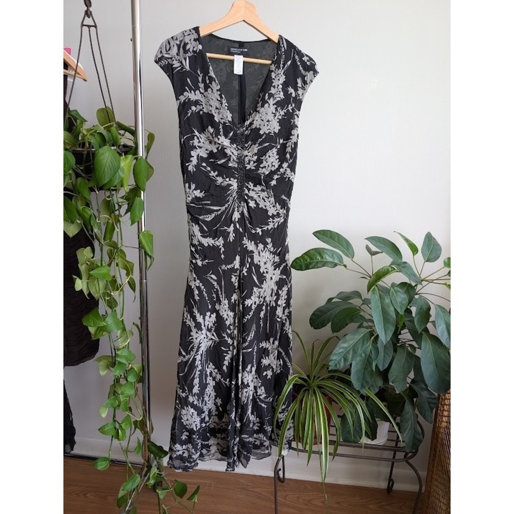 Vintage y2k silk beaded dress 16 ruched midi floral chiffon fairy whimsygoth